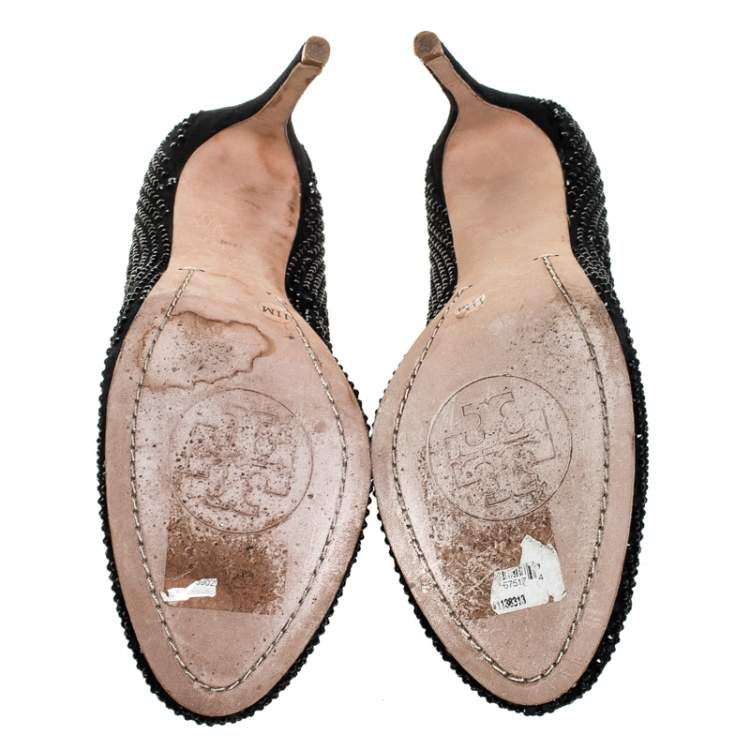Pre Owned Tory Burch Black Suede Crystal Embellished Bow Round Toe Pumps Size 41