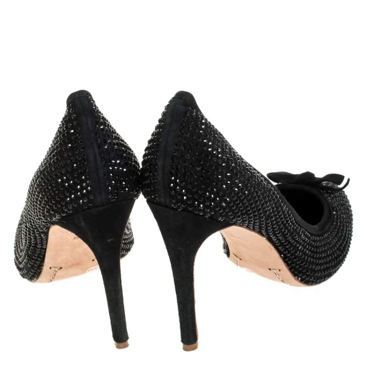 Pre Owned Tory Burch Black Suede Crystal Embellished Bow Round Toe Pumps Size 41