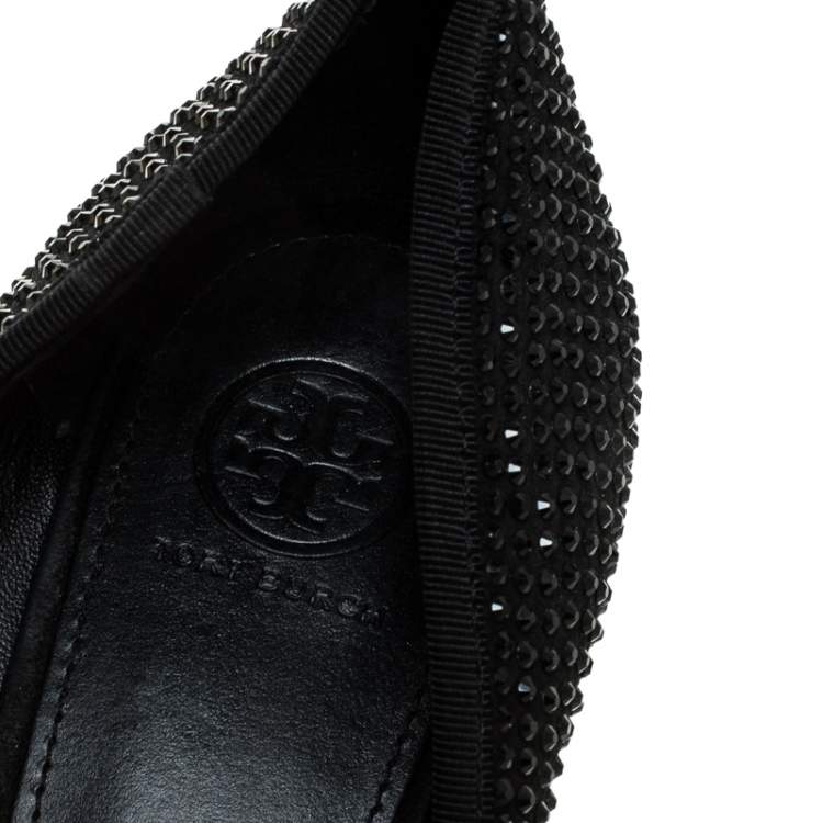 Pre Owned Tory Burch Black Suede Crystal Embellished Bow Round Toe Pumps Size 41