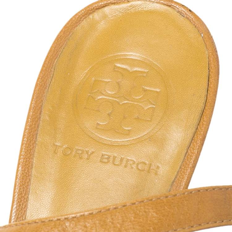 Pre Owned Tory Burch Mustard Yellow Leather Raphael Logo Slingback Open Toe Sandals Size 39.5