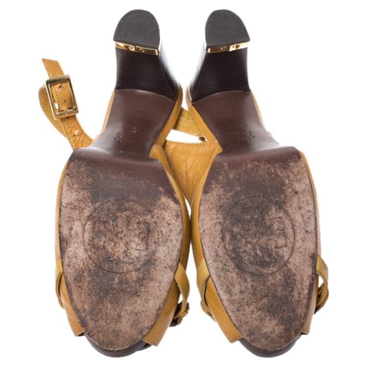Pre Owned Tory Burch Mustard Yellow Leather Raphael Logo Slingback Open Toe Sandals Size 39.5