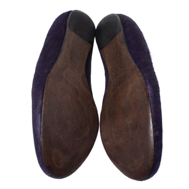Pre Owned Tory Burch Purple Pony Hair Round Toe Smoking Slippers Size 37