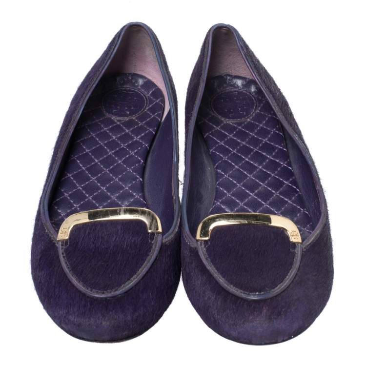 Pre Owned Tory Burch Purple Pony Hair Round Toe Smoking Slippers Size 37