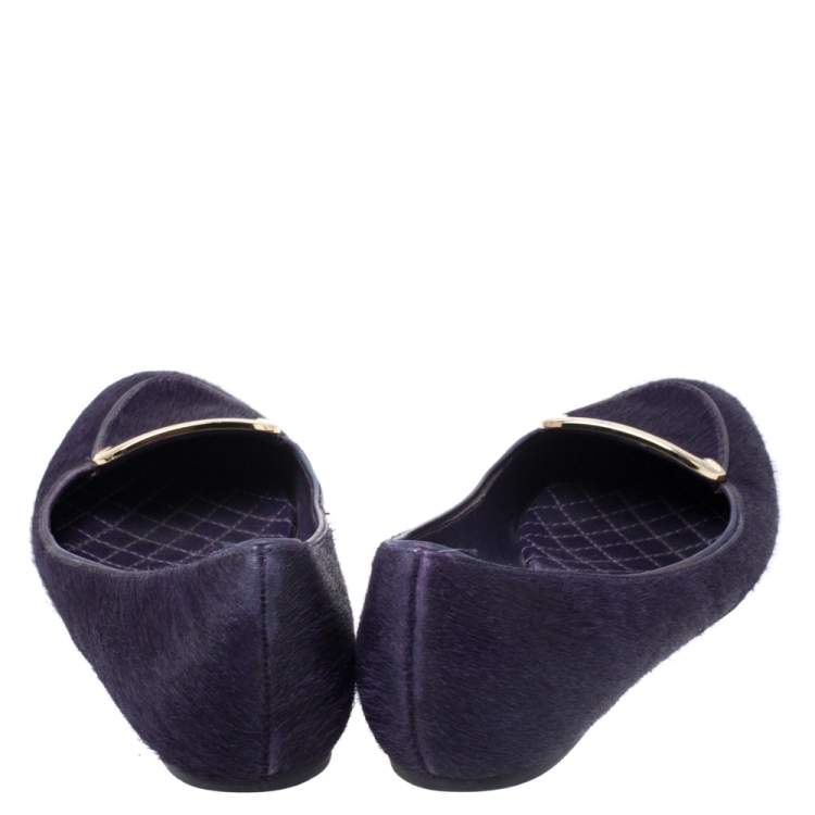 Pre Owned Tory Burch Purple Pony Hair Round Toe Smoking Slippers Size 37