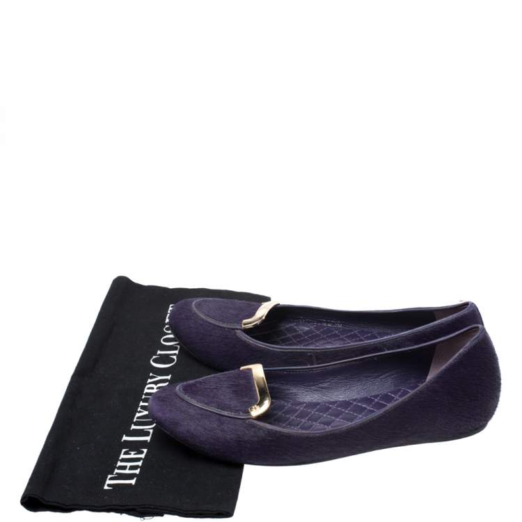 Pre Owned Tory Burch Purple Pony Hair Round Toe Smoking Slippers Size 37