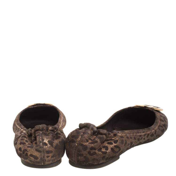 Pre Owned Tory Burch Brown Leopard Print Leather Reva Scrunch Ballet Flats Size 40