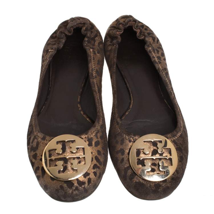 Pre Owned Tory Burch Brown Leopard Print Leather Reva Scrunch Ballet Flats Size 40