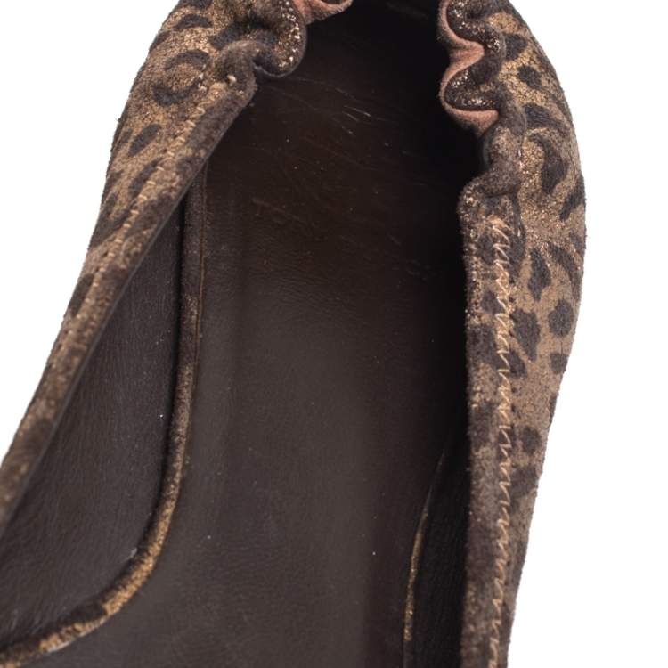 Pre Owned Tory Burch Brown Leopard Print Leather Reva Scrunch Ballet Flats Size 40