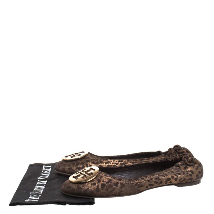Pre Owned Tory Burch Brown Leopard Print Leather Reva Scrunch Ballet Flats Size 40
