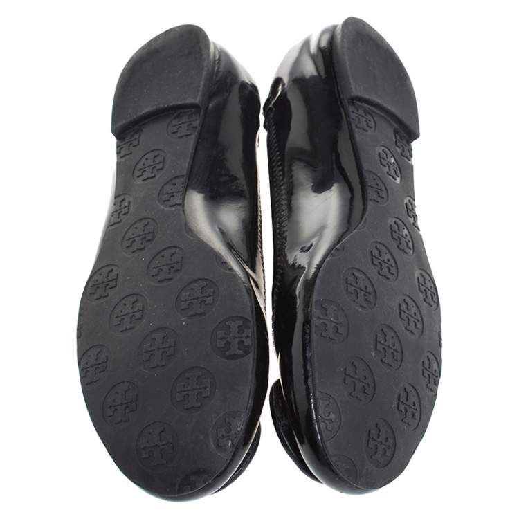 Pre Owned Tory Burch Black Patent Leather Reva Scrunch Ballet Flats Size 37.5