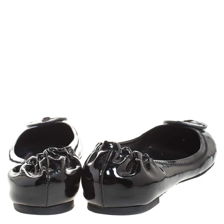 Pre Owned Tory Burch Black Patent Leather Reva Scrunch Ballet Flats Size 37.5