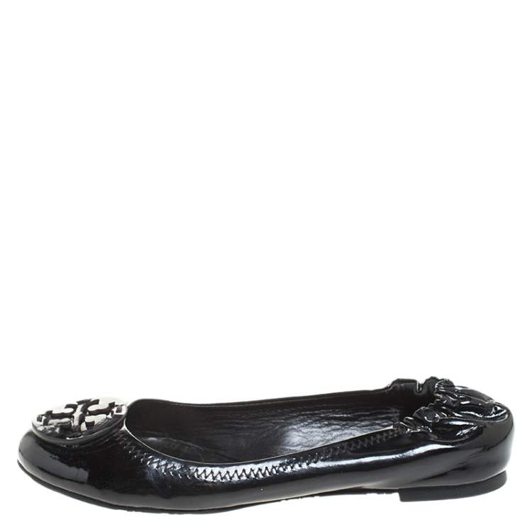 Tory Burch Black Patent Leather Reva Scrunch Ballet Flats Size