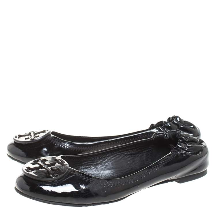 Pre Owned Tory Burch Black Patent Leather Reva Scrunch Ballet Flats Size 37.5
