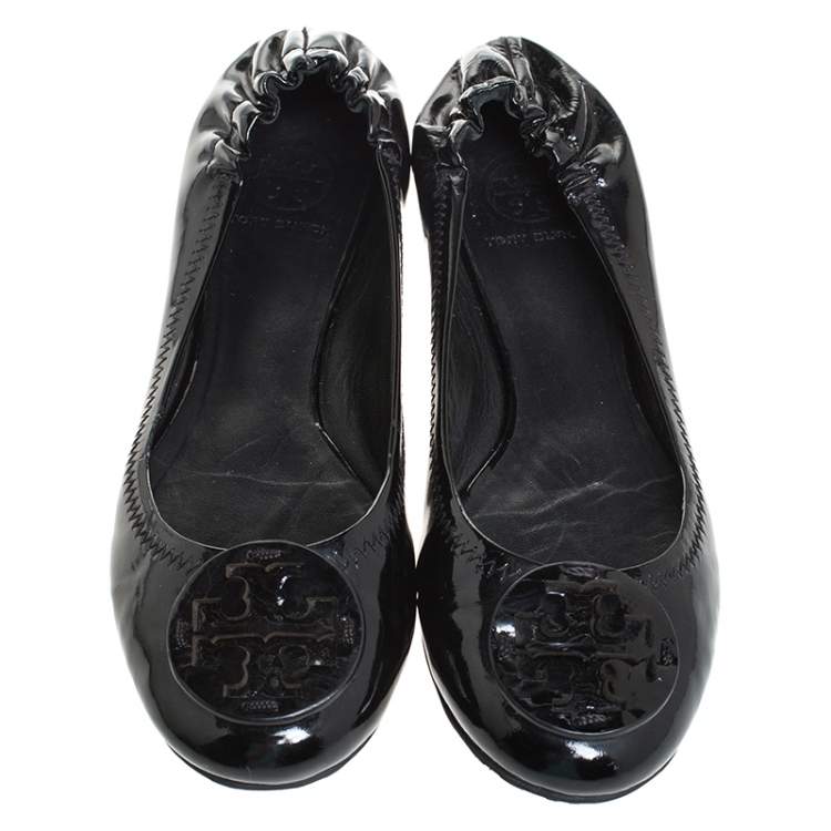 Pre Owned Tory Burch Black Patent Leather Reva Scrunch Ballet Flats Size 37.5