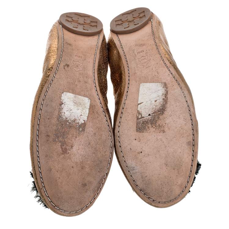 Pre Owned Tory Burch Metallic Bronze Crackled Leather And Black Fabric Flower Scrunch Ballet Flats Size 40