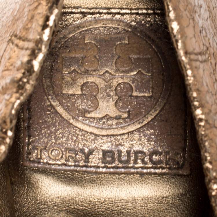Pre Owned Tory Burch Metallic Bronze Crackled Leather And Black Fabric Flower Scrunch Ballet Flats Size 40