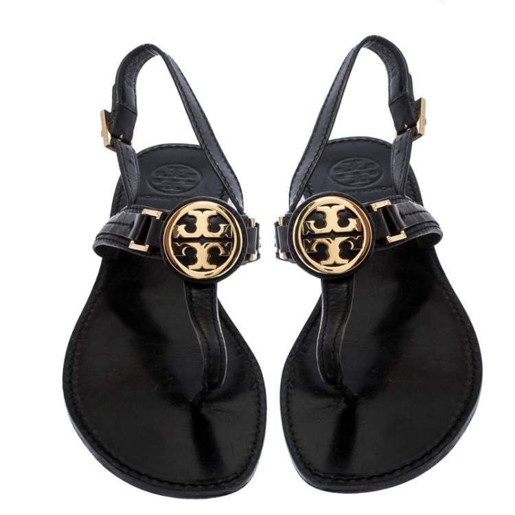 Pre Owned Tory Burch Black Leather Logo Detail Thong Slingback Sandals Size 39.5