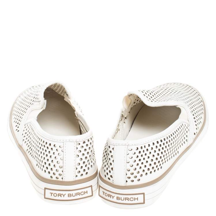 Pre Owned Tory Burch White Perforated Leather Miles Slip On Sneakers Size 39