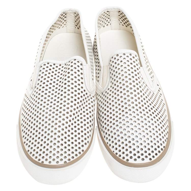 Pre Owned Tory Burch White Perforated Leather Miles Slip On Sneakers Size 39