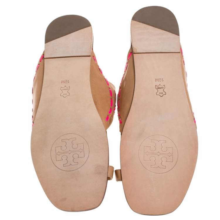 Pre Owned Tory Burch Beige/Pink Leather Caylan Toe Ring Flats Size 40