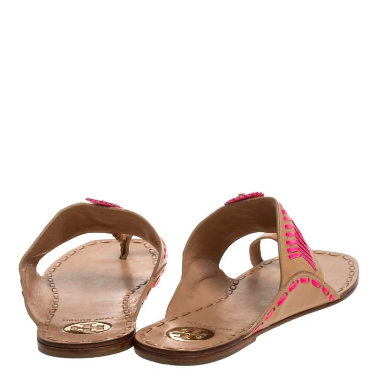 Pre Owned Tory Burch Beige/Pink Leather Caylan Toe Ring Flats Size 40