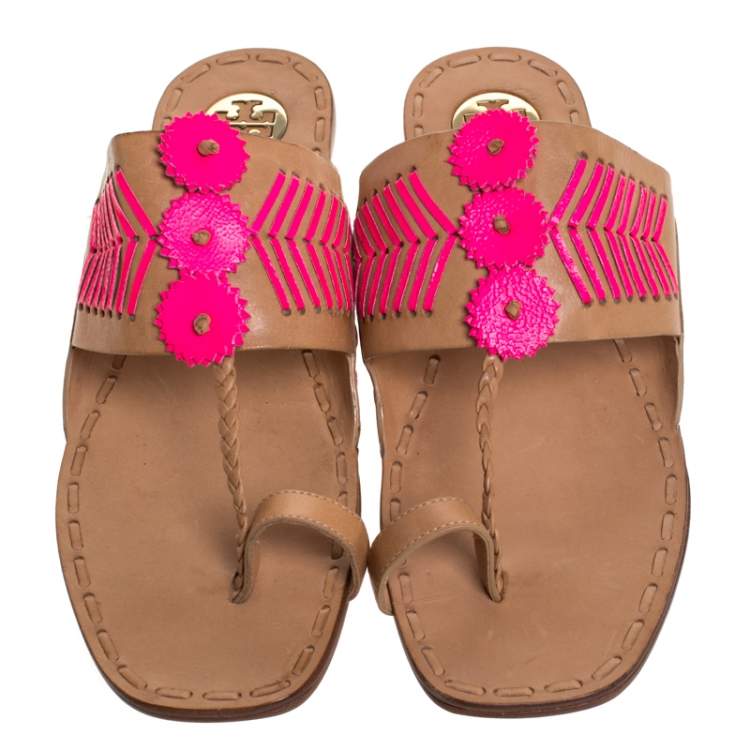 Pre Owned Tory Burch Beige/Pink Leather Caylan Toe Ring Flats Size 40