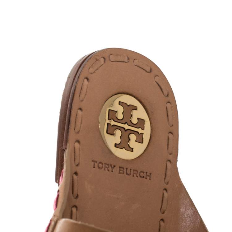 Pre Owned Tory Burch Beige/Pink Leather Caylan Toe Ring Flats Size 40