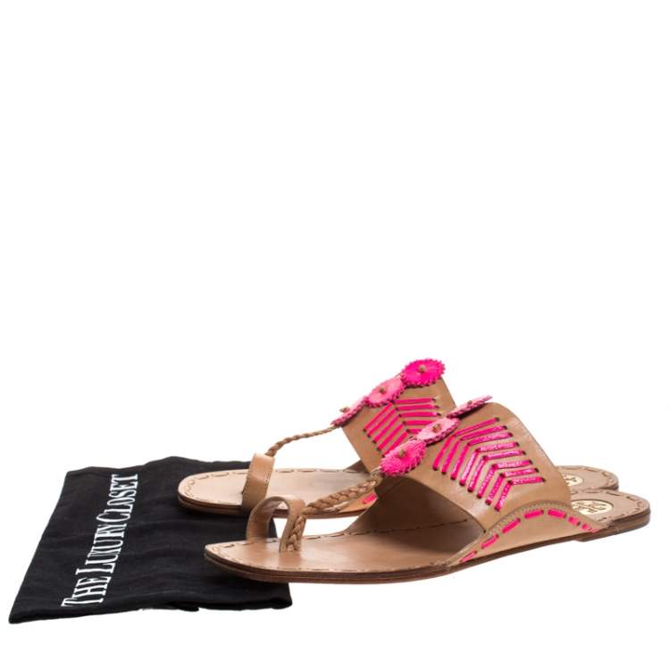 Pre Owned Tory Burch Beige/Pink Leather Caylan Toe Ring Flats Size 40