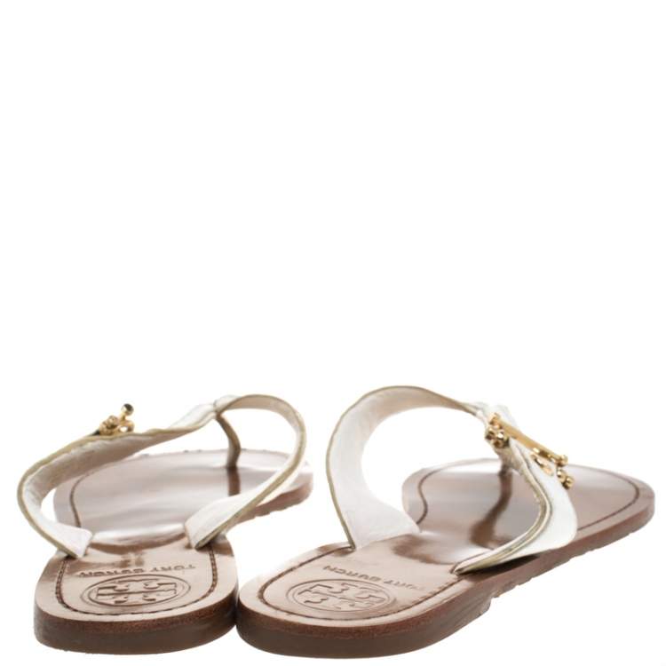 Pre Owned Tory Burch White Leather Thong Flats Size 38