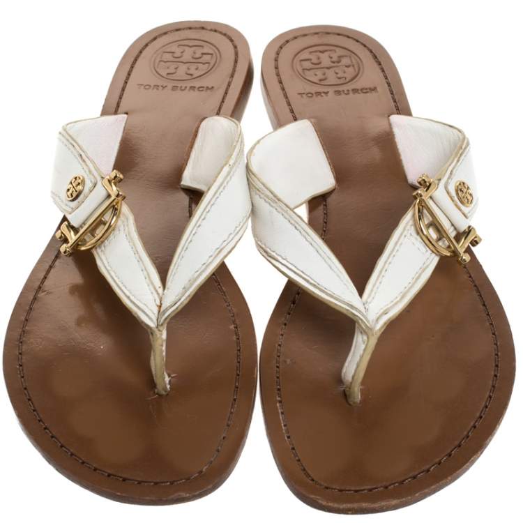 Pre Owned Tory Burch White Leather Thong Flats Size 38