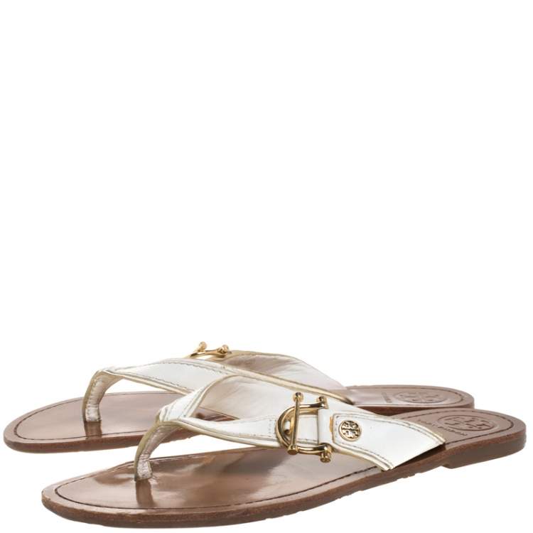 Pre Owned Tory Burch White Leather Thong Flats Size 38