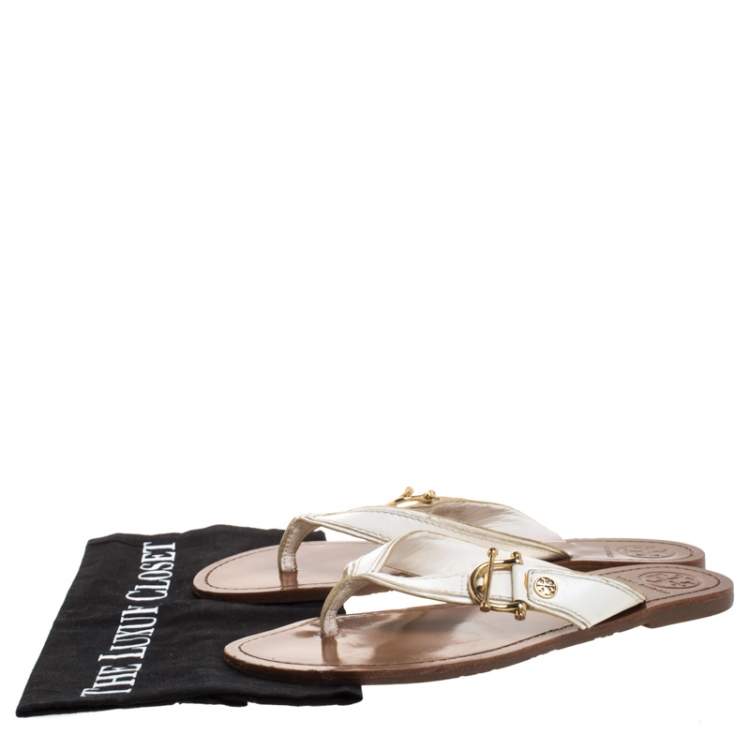 Pre Owned Tory Burch White Leather Thong Flats Size 38
