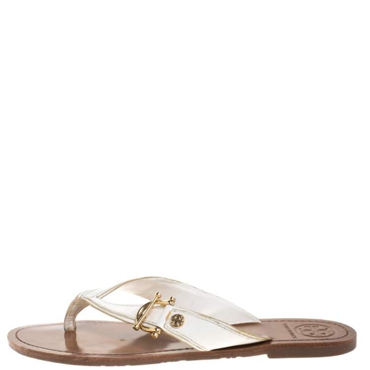 Pre Owned Tory Burch White Leather Thong Flats Size 38
