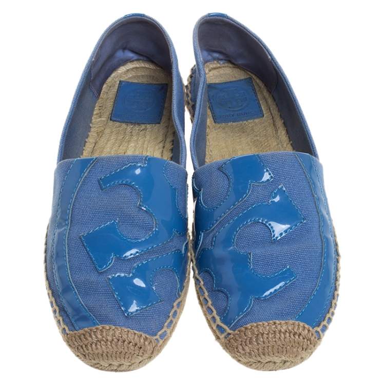 Pre Owned Tory Burch Blue Denim And Patent Leather Poppy Logo Espadrilles Size 38.5