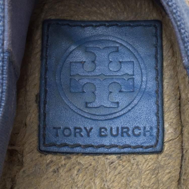 Pre Owned Tory Burch Blue Denim And Patent Leather Poppy Logo Espadrilles Size 38.5