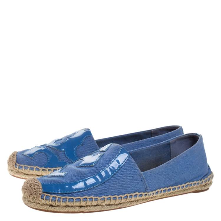 Tory Burch Blue Denim And Patent Leather Poppy Logo Espadrilles Size 38 ...