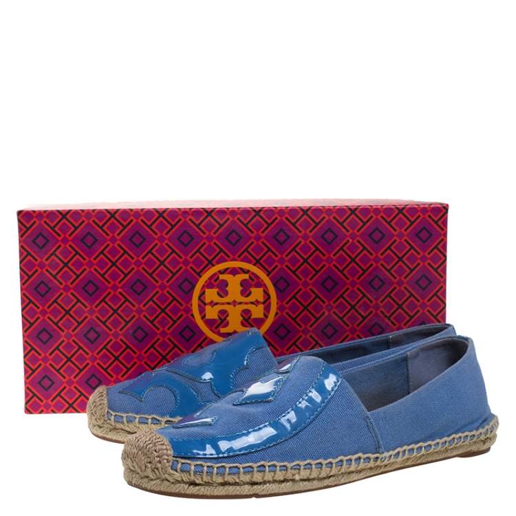 Pre Owned Tory Burch Blue Denim And Patent Leather Poppy Logo Espadrilles Size 38.5
