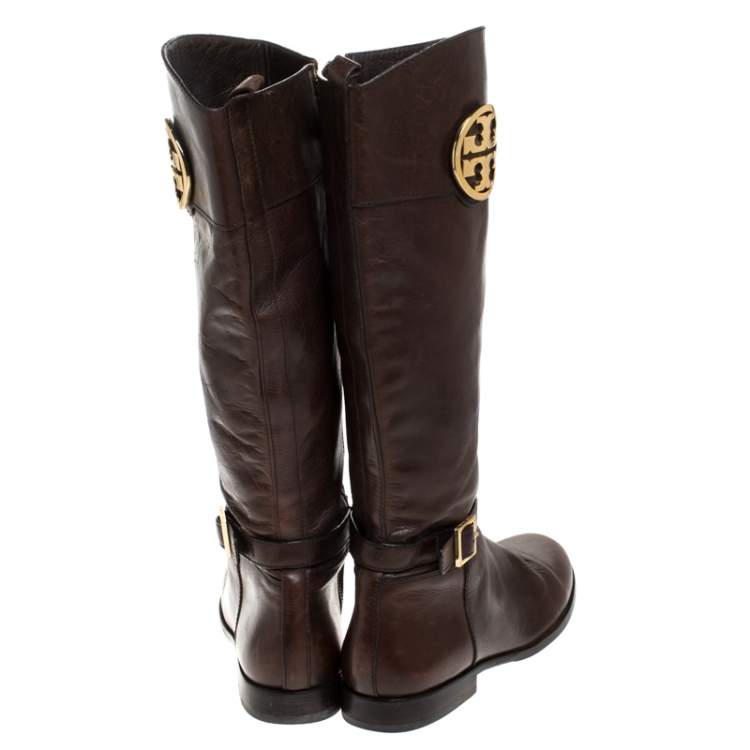 Pre Owned Tory Burch Brown Leather Knee Length Boots Size 39.5