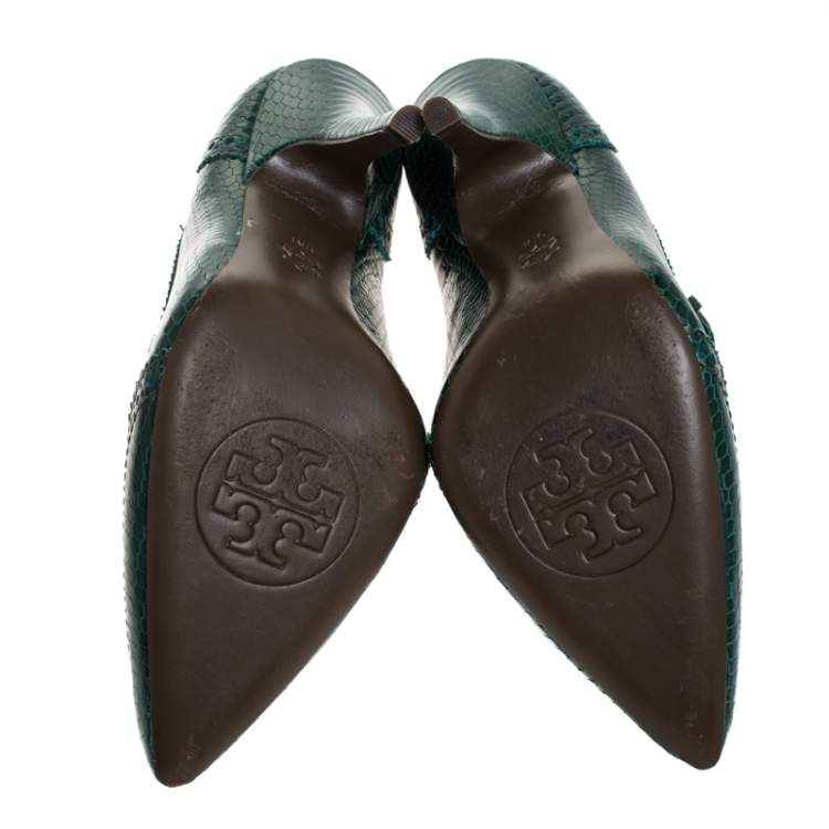 Pre Owned Tory Burch Green Brogue Python Embossed Leather Everly Pumps Size 39