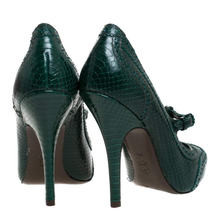 Pre Owned Tory Burch Green Brogue Python Embossed Leather Everly Pumps Size 39