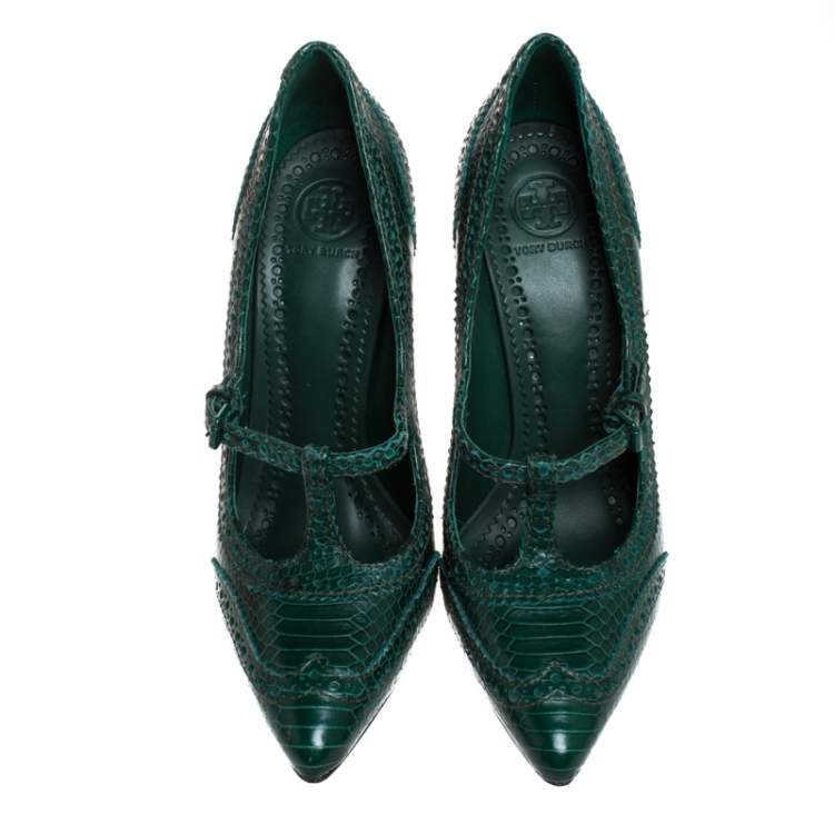 Pre Owned Tory Burch Green Brogue Python Embossed Leather Everly Pumps Size 39
