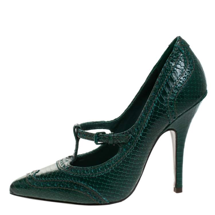 Pre Owned Tory Burch Green Brogue Python Embossed Leather Everly Pumps Size 39