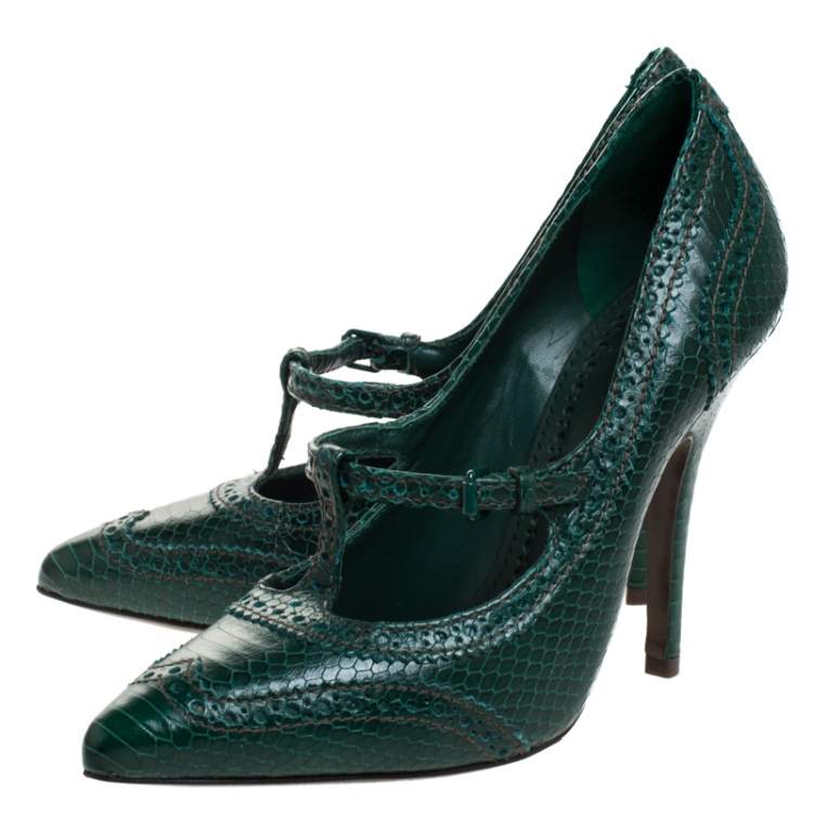Pre Owned Tory Burch Green Brogue Python Embossed Leather Everly Pumps Size 39
