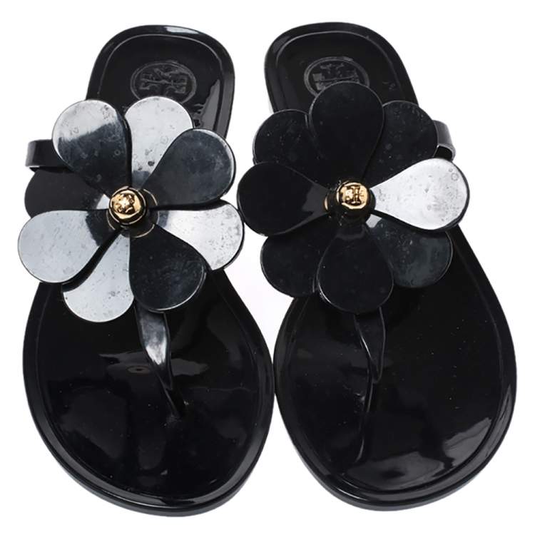 Pre Owned Tory Burch Black Jelly Flower Thong Flats Size 36