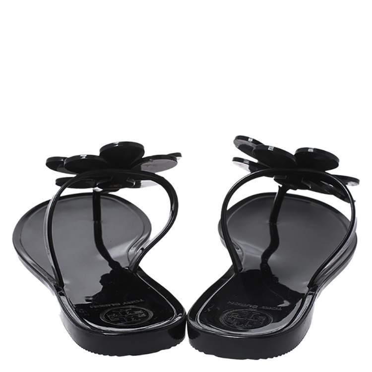 Pre Owned Tory Burch Black Jelly Flower Thong Flats Size 36