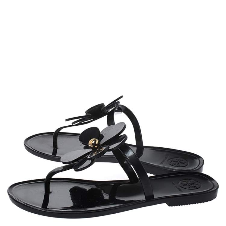 Pre Owned Tory Burch Black Jelly Flower Thong Flats Size 36
