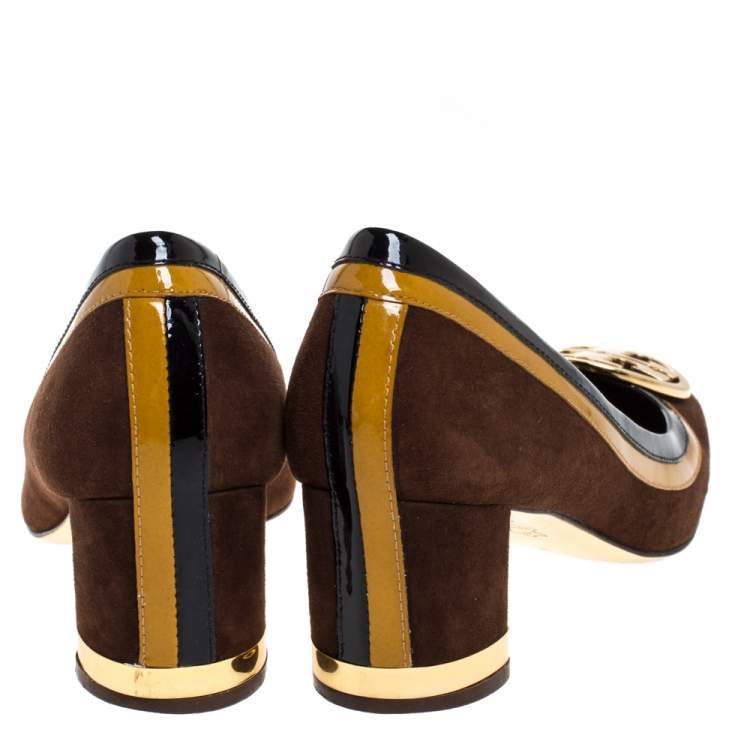 Pre Owned Tory Burch Brown Suede And Patent Leather Block Heel Pumps Size 39