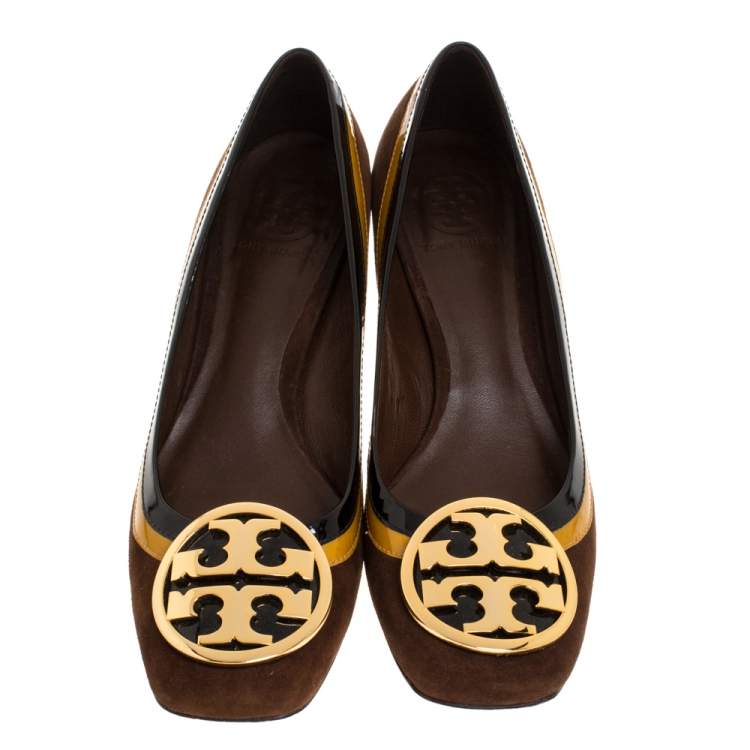 Pre Owned Tory Burch Brown Suede And Patent Leather Block Heel Pumps Size 39