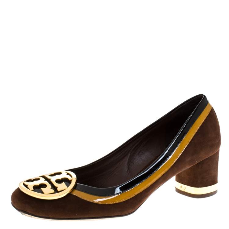 Pre Owned Tory Burch Brown Suede And Patent Leather Block Heel Pumps Size 39