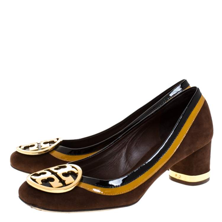 Pre Owned Tory Burch Brown Suede And Patent Leather Block Heel Pumps Size 39